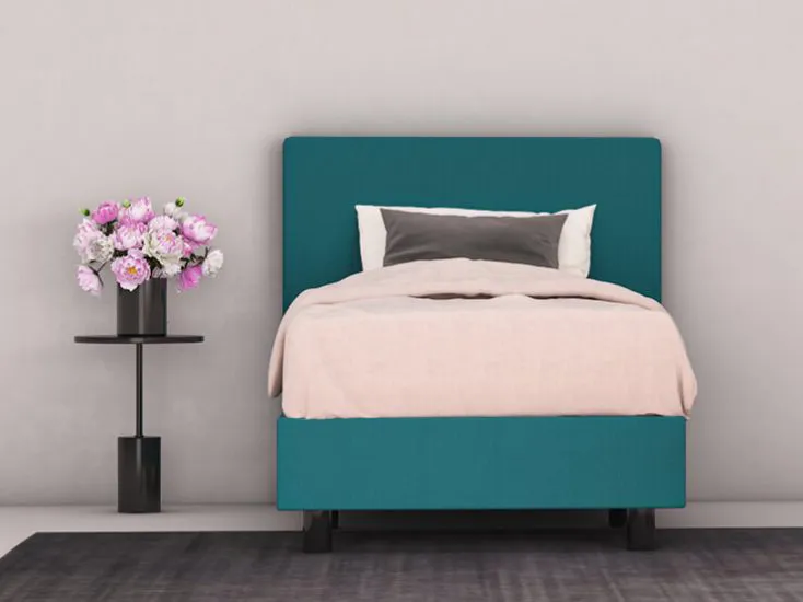 erkendmatras boxspring hoofdbord vlak stof turqoise slaapkamer