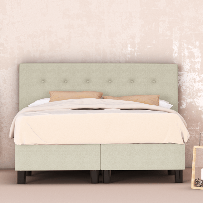 erkendmatras boxspring hoofdbord knopen stof beige